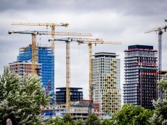 Skyline met bomen op de voorgrond en flats en bouwkranen op de achtergrond