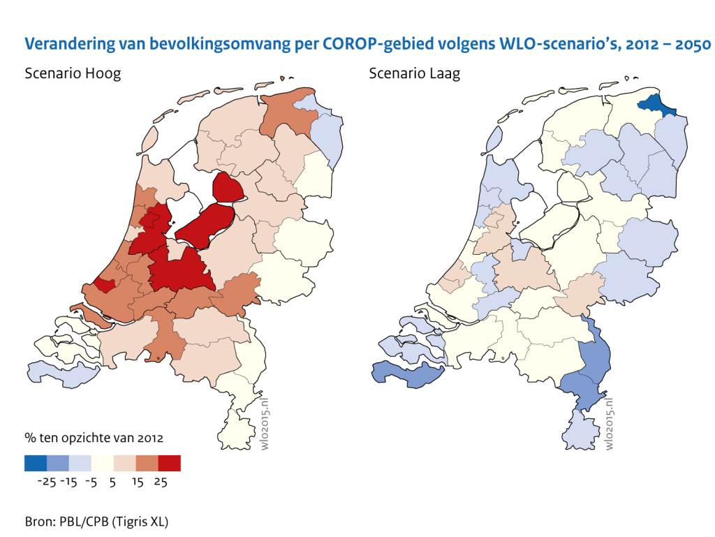 Verandering van bevolkingsomvang per COROP-gebied volgend WLO-scenario’s