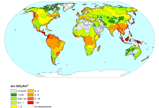 Figure: world map with the global river export of dissolved SiO2 per country